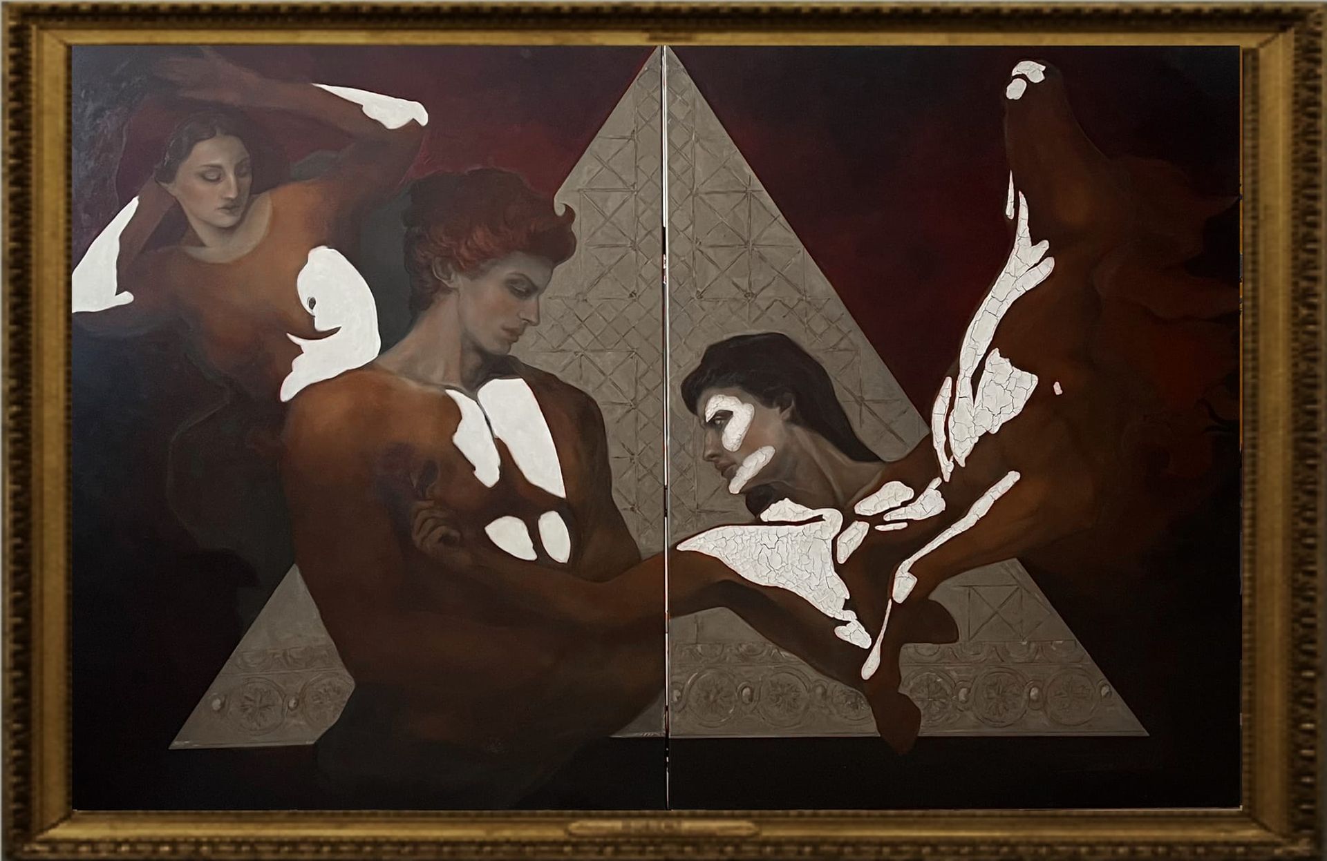 First diptych of Les Révélations du Désir by Elisabeth W, depicting three human figures and a dark horse, with fragmented white forms and geometric triangular structures against a deep burgun