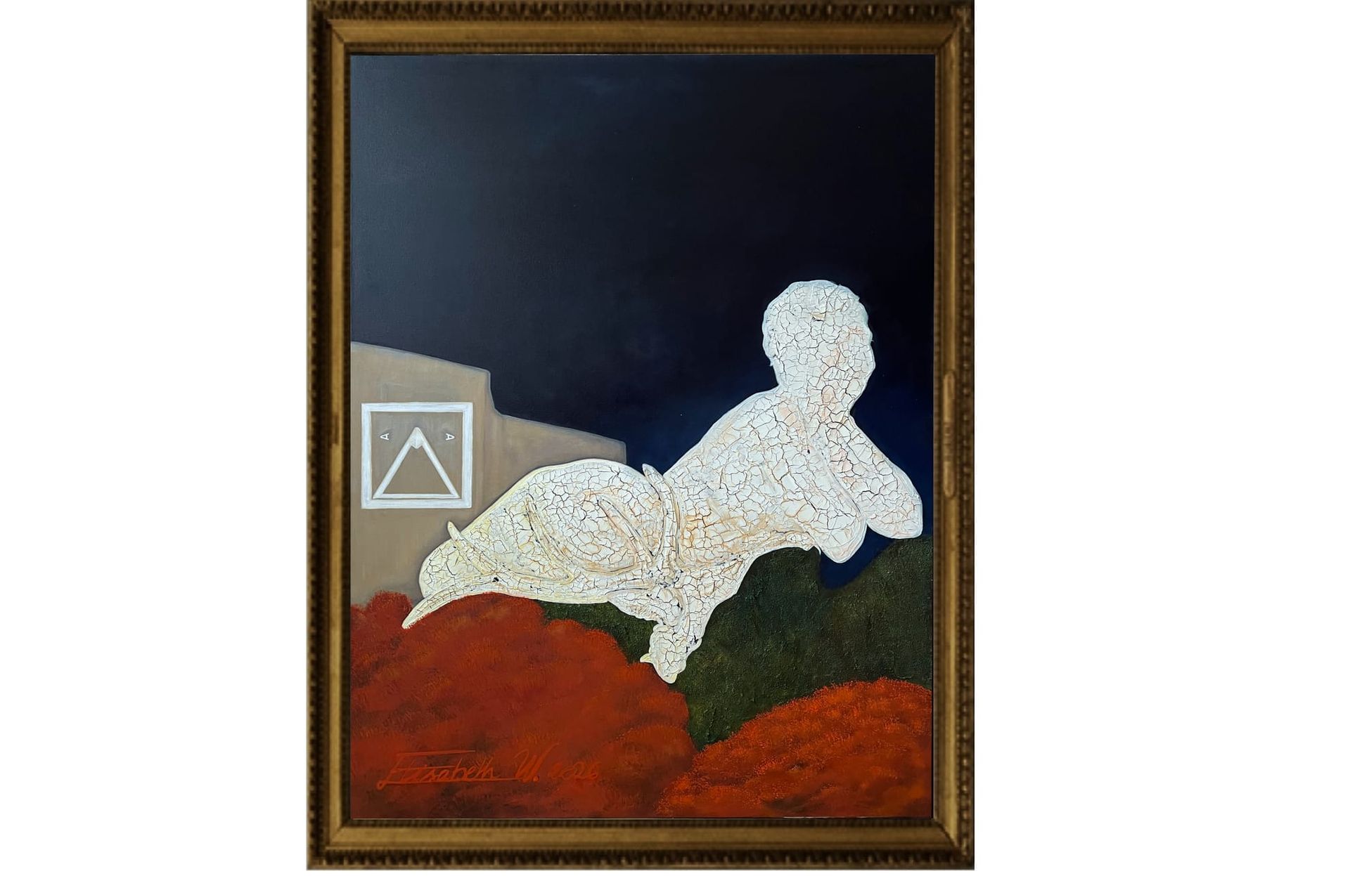 Symbolic painting by Elisabeth W depicting a pale, textured female figure reclining above a deer against a dark landscape, with a framed triangular symbol.