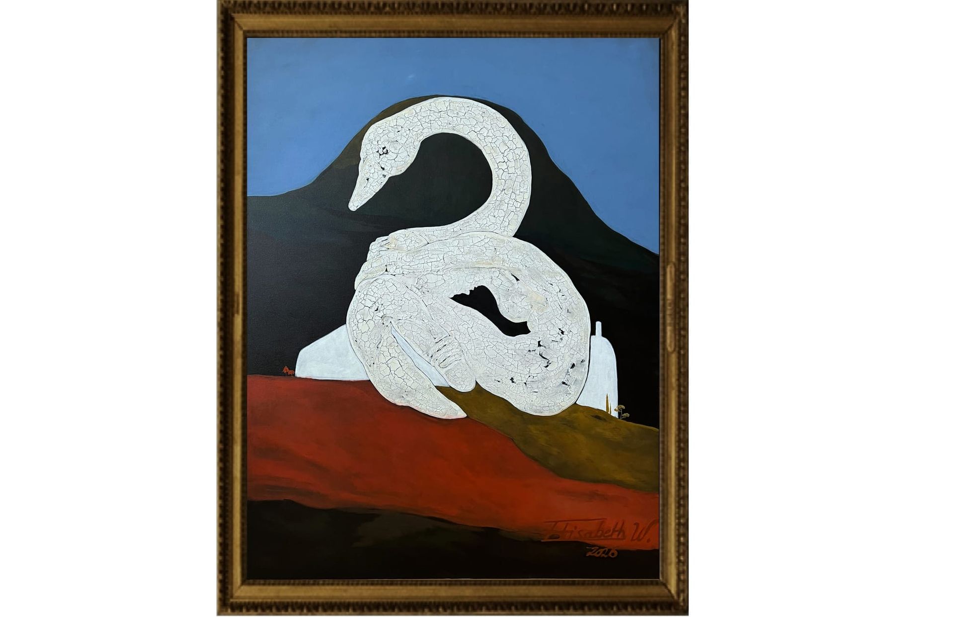 Symbolic painting by Elisabeth W featuring a monumental white swan intertwined with two human figures, a dark mountain, minimalist architecture and a red landscape.