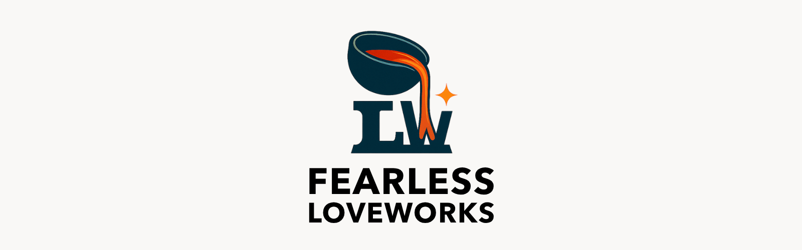 Fearless Loveworks logo showing a crucible pouring out molten iron into an L and W with a small spark