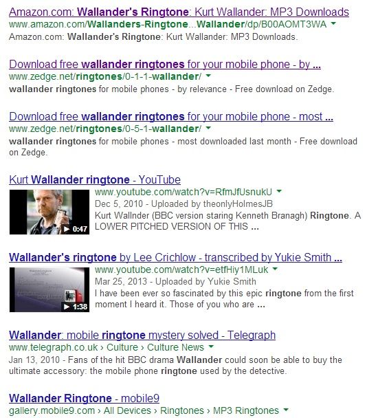 Screenshot of a Google search for "Wallander ringtone"