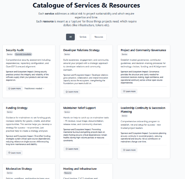 Screen capture of Resources and Services:   Catalogue of Services & Resources  Each service addresses a critical risk to project sustainability and which require expertise and time.  Each resource is meant as a 'capture' for those things projects need, which require dollars (like infrastructure, tokens etc). Security Audit Service Currently Unavailable  Comprehensive security assessment including dependencies, repository configuration, and OpenSSF Scorecard alignment Sponsor and Ecosystem Impact: Strong security practices protect the integrity and reliability of the software supply chain your products and services depend on. Learn more Practitioners needed → Developer Relations Strategy Service  Build awareness, engagement, and community around your project with a strategic approach to developer relations and community outreach. Sponsor and Ecosystem Impact: Developer relations grow adoption, collaboration, and shared innovation capacity across the ecosystem, strengthening the foundations your teams build on. Learn more Project and Community Governance Service  Establish trusted governance, contributor guidelines, and decision-making processes for technology choices, funding, and AI/alignment Sponsor and Ecosystem Impact: Governance provides the structure and clarity needed for consistent decision-making, legal confidence, and operational continuity across critical open source dependencies. Learn more Funding Strategy Service  Guidance for maintainers to set funding goals, increase visibility for grants, credits, and other opportunities. This service helps you develop a strategy for success - no promises, just practical help to create a strategy and plan. Sponsor and Ecosystem Impact: Diversified funding strategies sustain critical open source dependencies, reducing reliance on single sources while ensuring long-term maintenance and stability. Learn more Maintainer Relief Support Service  Hands-on help to catch up on maintainer tasks - PR reviews, issue triage, documentation, release notes, and community channels. Sponsor and Ecosystem Impact: Preventing maintainer burnout and getting projects back on stable footing ensures critical dependencies remain healthy during high-volume periods or resource constraints. Learn more Leadership Continuity & Succession Planning Service  Comprehensive onboarding program to establish, vet and setup for success - new trusted project leaders. Sponsor and Ecosystem Impact: Succession planning ensures continuity in essential projects, reducing operational and security risk as contributors or maintainers change over time. Learn more Moderation Strategy Service  Policies, workflows, and tooling to keep your community healthy, inclusive, and safe—clear guidance for moderators, predictable enforcement, and reduced maintainer load. Sponsor and Ecosystem Impact: Effective moderation minimizes disruption and keeps collaboration productive, helping projects remain focused and dependable under growth or stress. Learn more Hosting and Infrastructure Resource  Cloud hosting, CI/CD pipelines and infrastructure resources for open source projects to ensure reliable deployment and operations. Learn more Ready to get help for your project?  Create a wishlist with the services you need and share it with your community Create Your Wishlist
