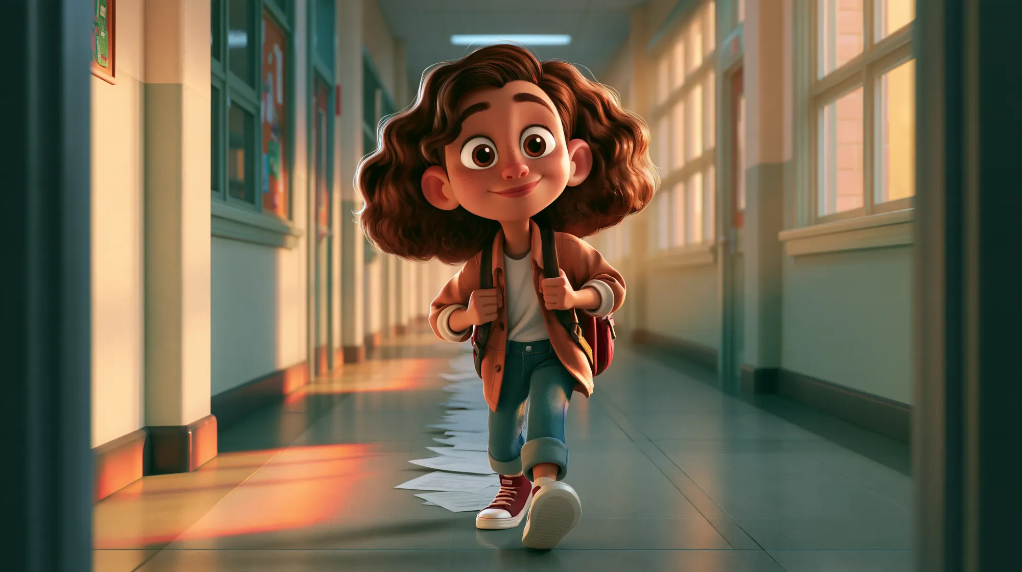 A student walks down a long school hallway trailing an unbroken line of printed pages and alert reports behind them.