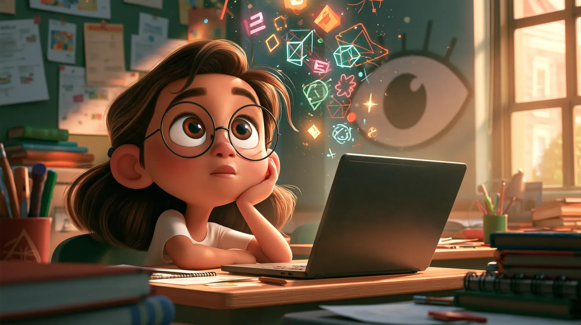 A neurodivergent child sitting at their desk in class, using their laptop while a watchful eye tracks everything.