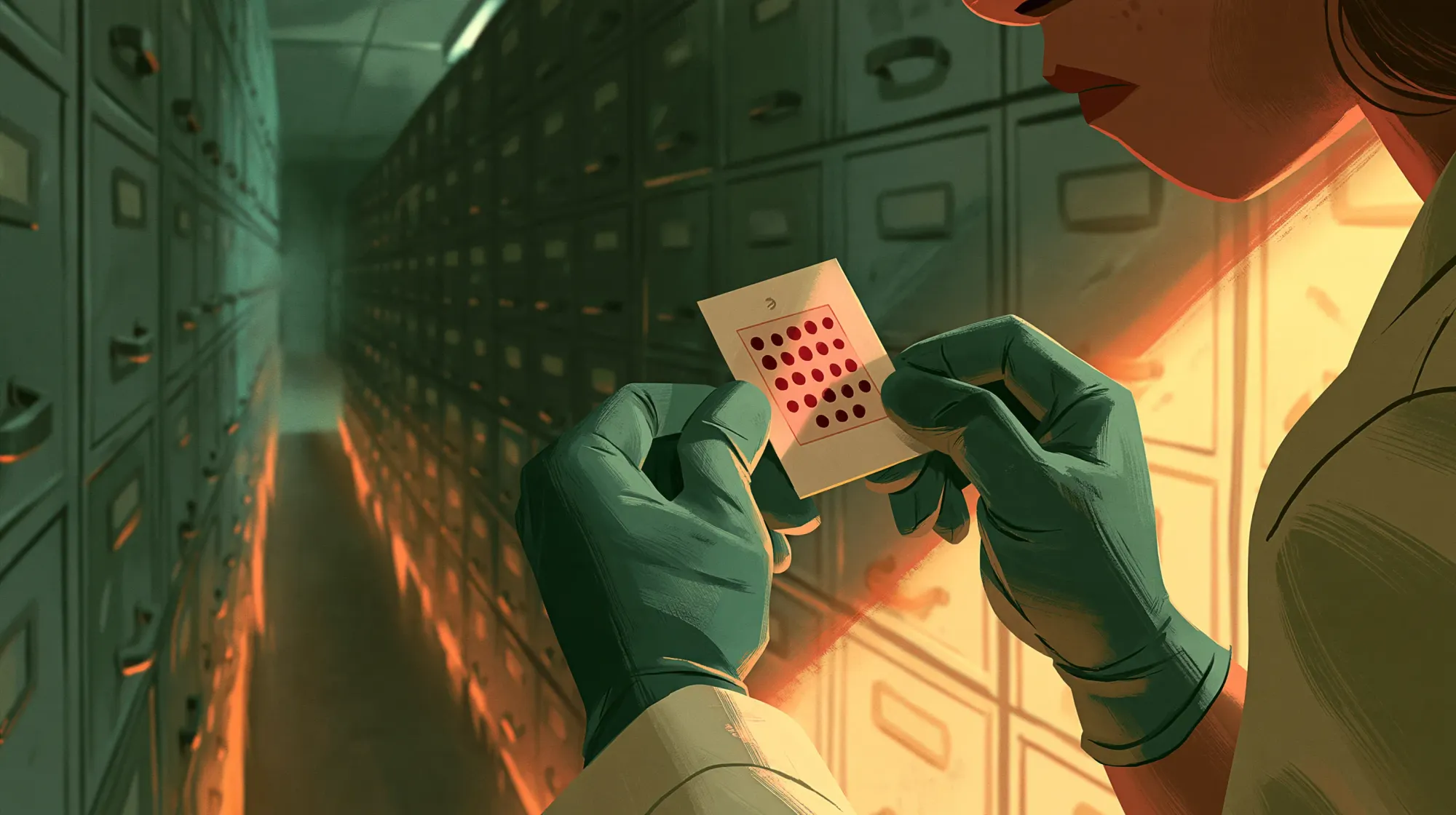 A nurse's gloved hands hold a newborn screening card as the hospital room fades into a long archive of metal storage drawers.