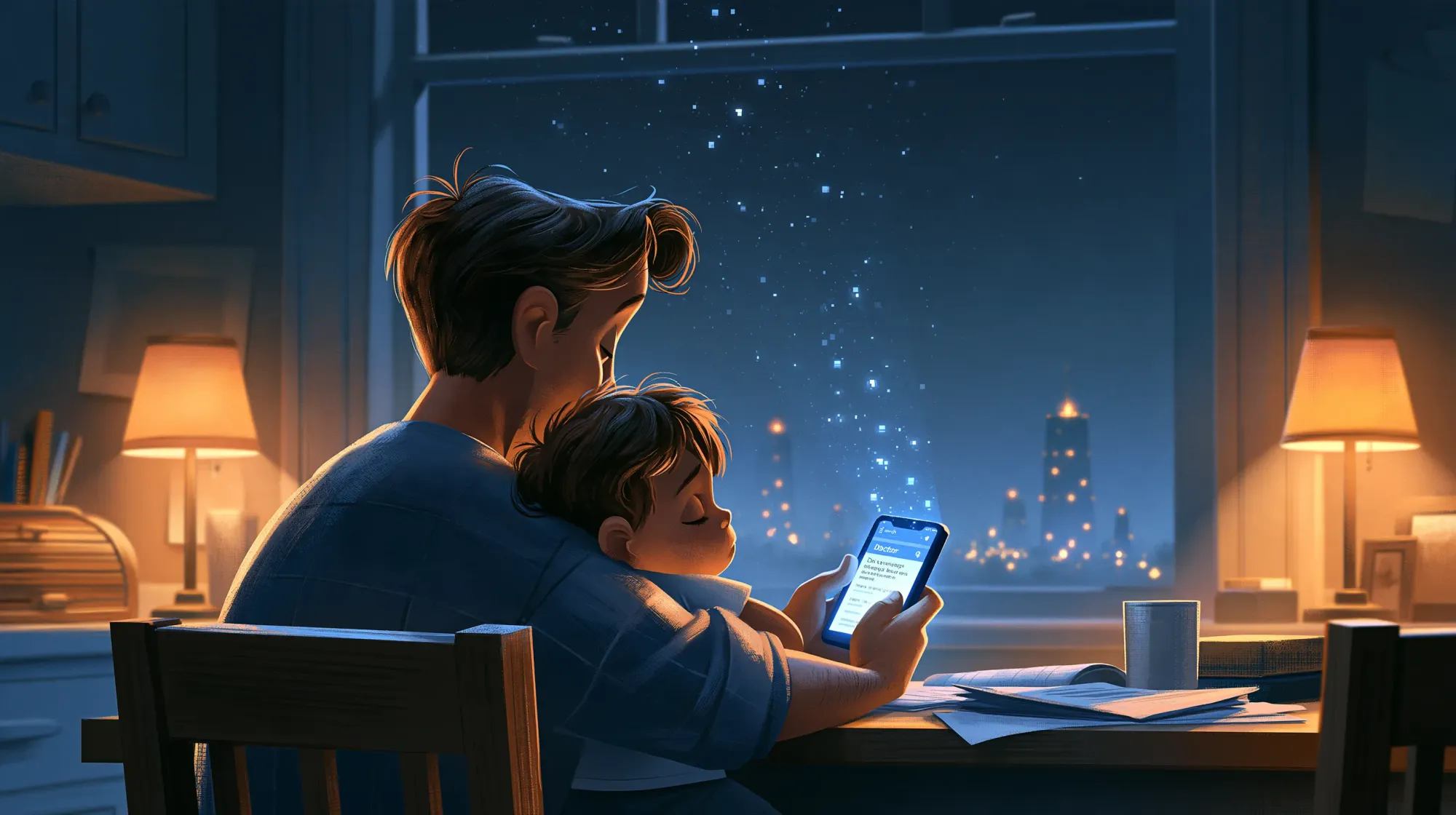 A parent sitting at a table with their child on their lap, booking a medical appointment on an app.