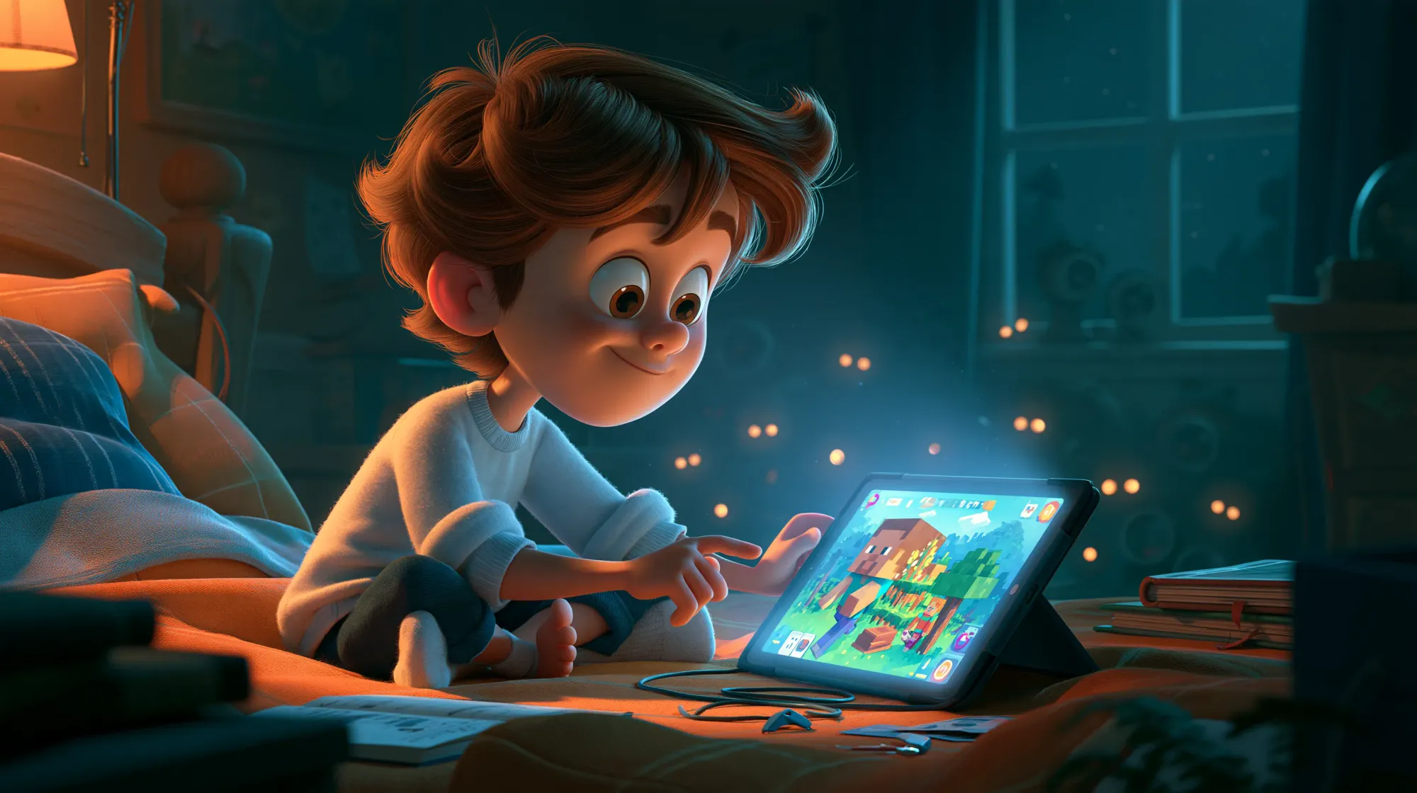 A child playing Roblox on a glowing tablet while hidden eyes watch from the dark bedroom behind them.