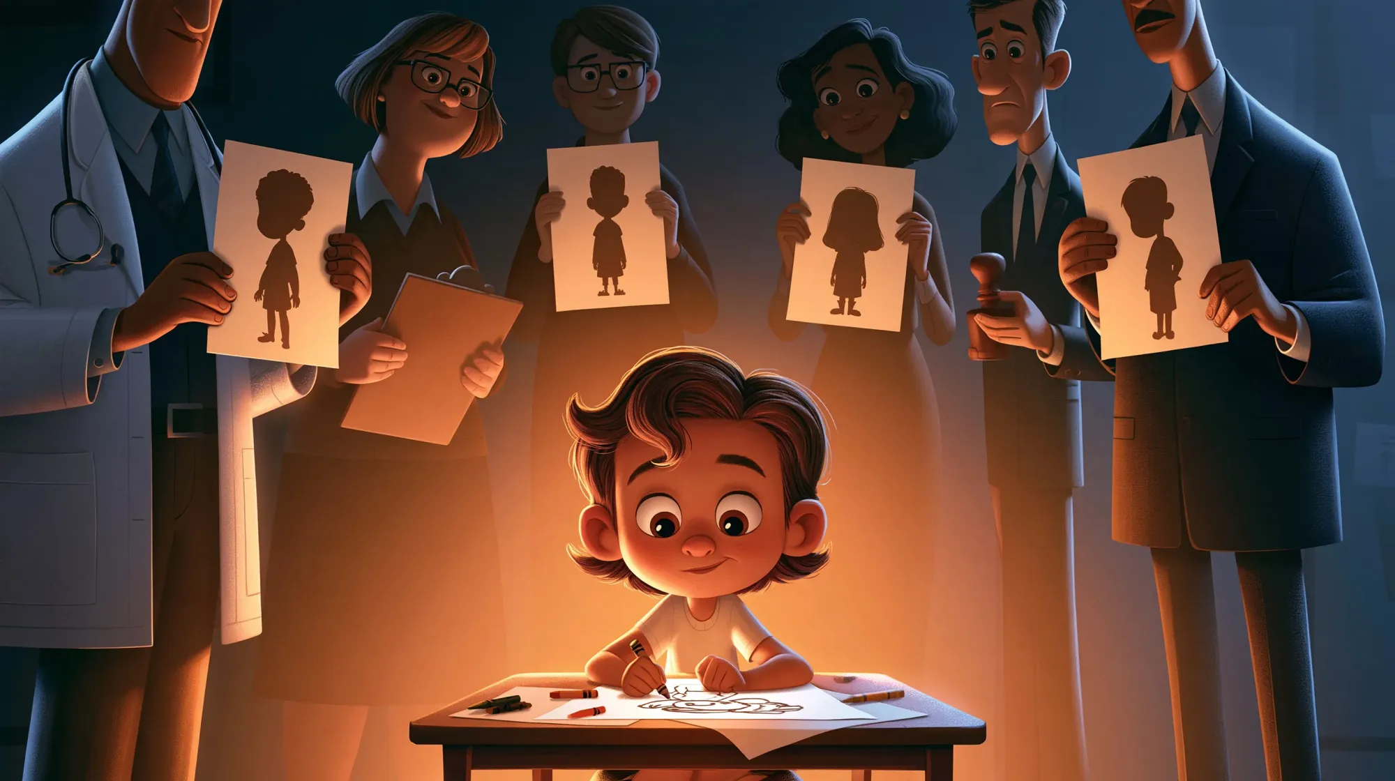 A child sitting at a small table drawing a picture of themselves with crayons. A doctor, a teacher, and an official stand around the child holding up paper silhouettes of the child that do no