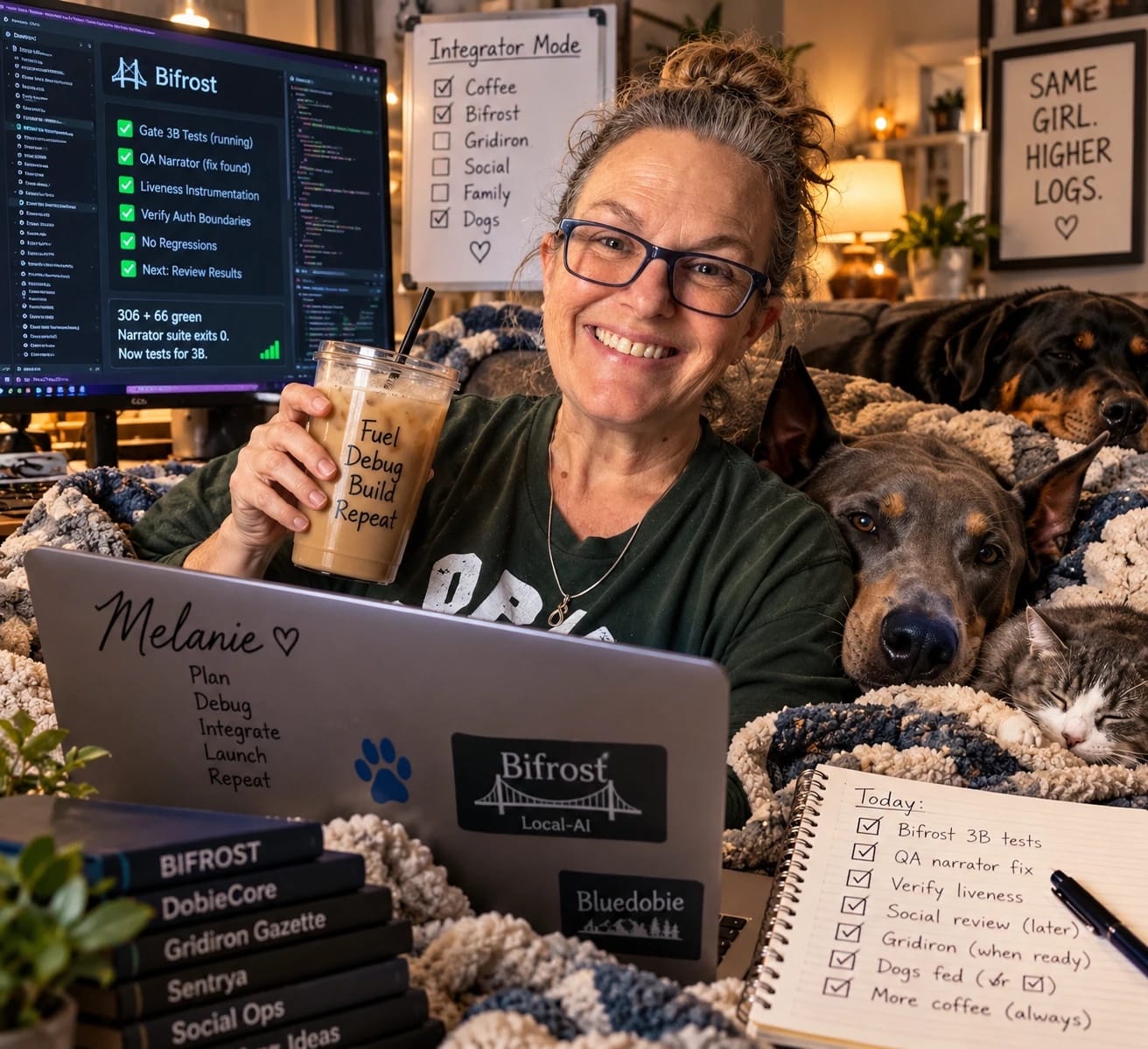 Melanie Brown at her laptop, with two dogs and a cat on the couch beside her