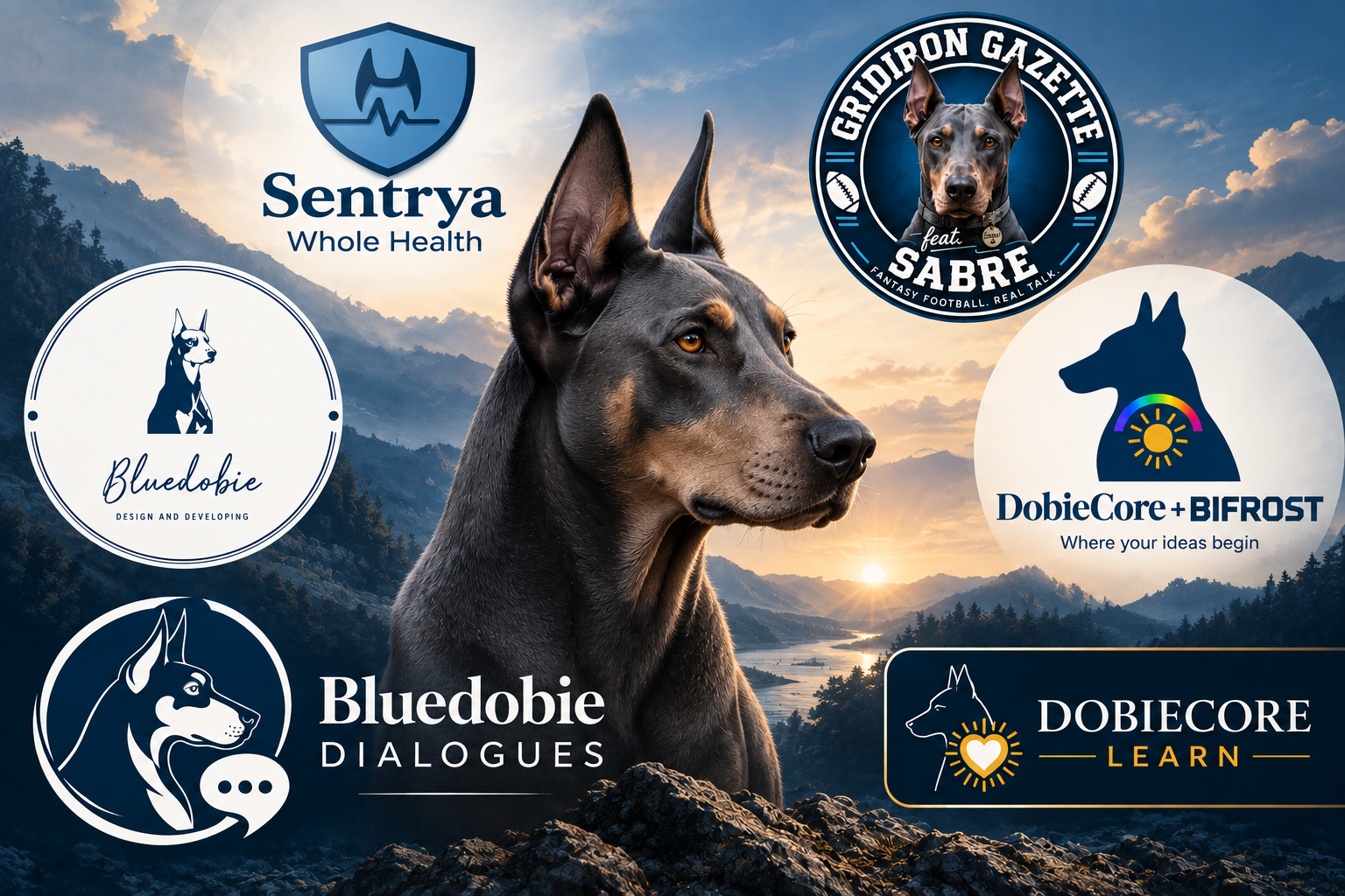 A dark gray Doberman with amber eyes surrounded by logos representing Bluedobie, Sentrya Whole Health, Gridiron Gazette, Bluedobie Dialogues, DobieCore + Bifrost, and DobieCore Learn.