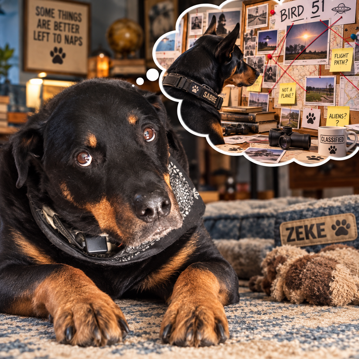 Zeke, a black-and-tan Rottweiler, looks toward the camera as a thought bubble shows Sabre investigating a Bird 51 conspiracy board.