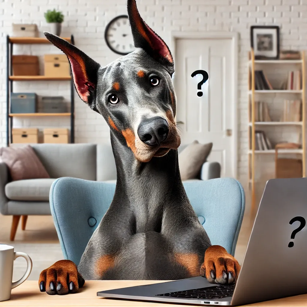 A blue and rust Doberman Pinscher tilts his head inquisitively while sitting at a desk with a laptop. Question marks emphasize his puzzled expression.