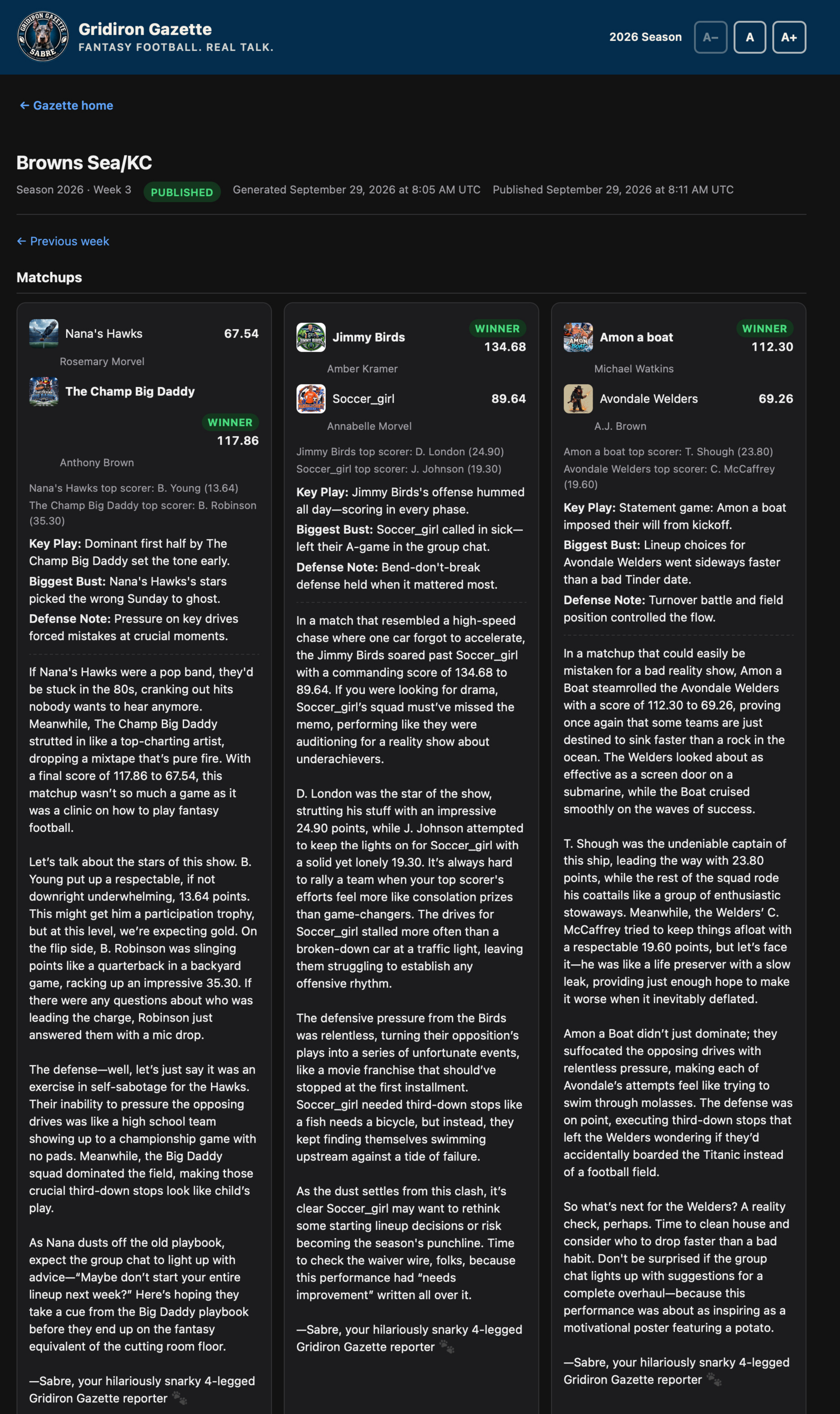Screenshot of Gridiron Gazette, a fantasy football publication showing custom matchup information generated from a family league system.