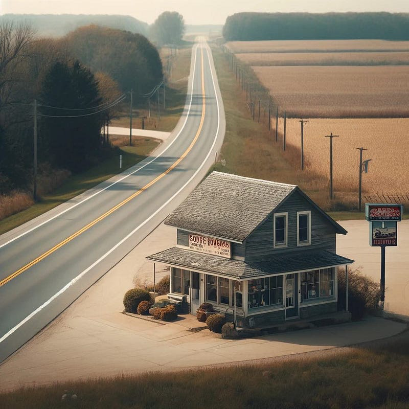 A long rural highway stretches through farmland toward a small roadside business, illustrating how local businesses can serve communities beyond their immediate surroundings.