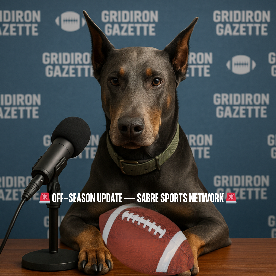 Sabre, a blue Doberman Pinscher, holding a football behind a microphone, giving a sports conference for Gridiron Gazette 