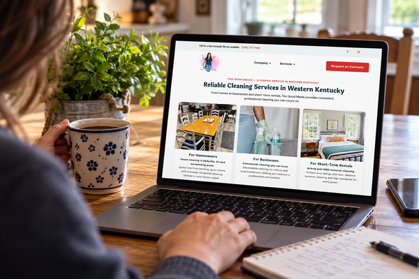 A person views the Too Good Maids cleaning service website on a laptop at a kitchen table, with the Western Kentucky services and Request an Estimate button visible on screen.