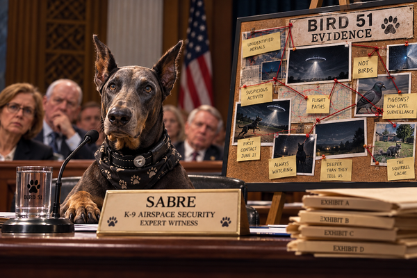 Sabre, a blue Doberman, testifies at a fictional congressional hearing beside a Bird 51 evidence board about suspicious aerial activity.