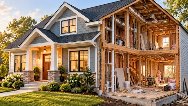 A two-story house with a beautifully finished exterior and landscaped yard on one side, while the exposed interior on the other shows unfinished rooms, hanging wires, wooden framing, and cons