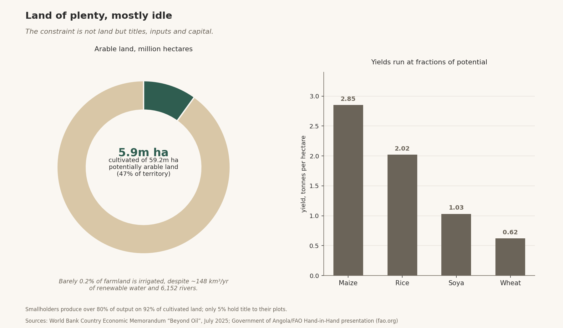 Land of plenty, mostly idle — donut of cultivated (5.9m ha) vs uncultivated potentially arable land (59.2m ha) beside bar chart of crop yields (maize 2.85, rice 2.02, soya 1.03, wheat 0.62 t/ha).