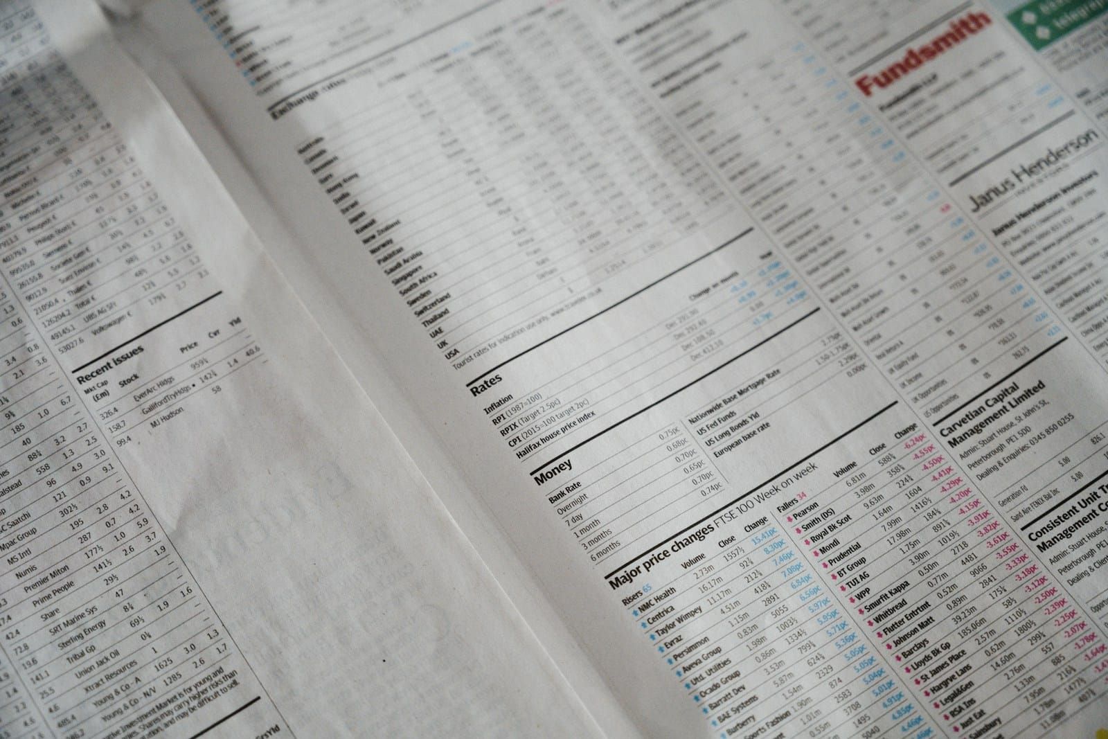 Close-up of the finance section of a newspaper, columns of small printed figures in charcoal ink on pale paper.