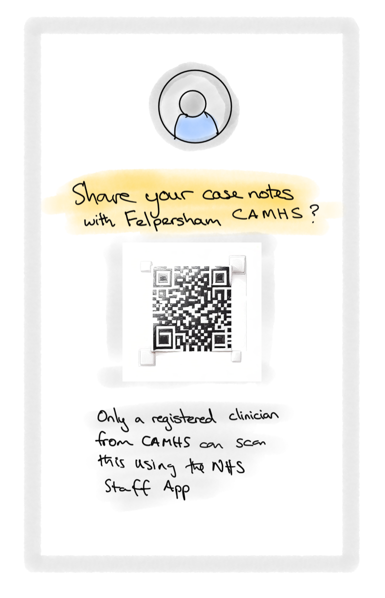 A QR code that can be used to share health data with a CAMHS service