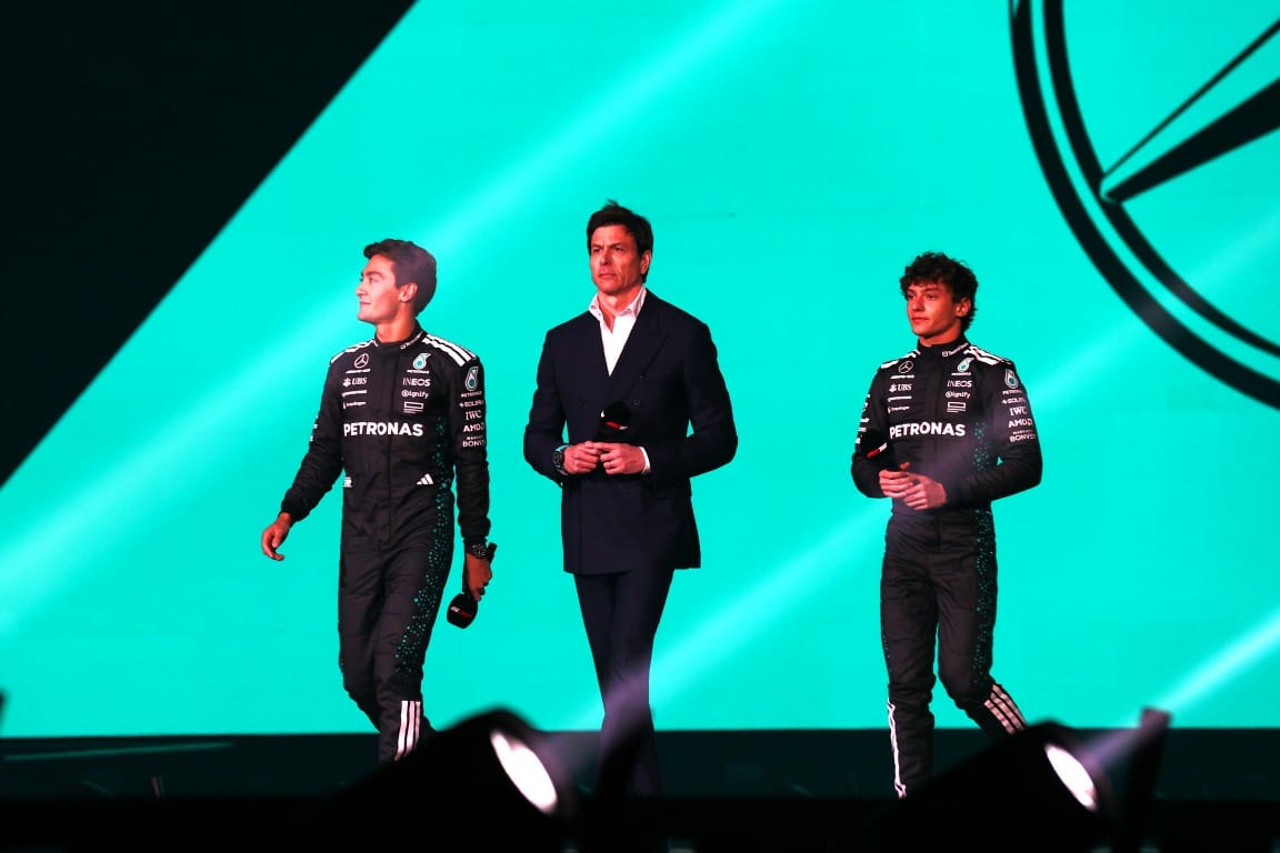 George Russell, Toto Wolff and Kimi Antonelli, Mercedes, F1