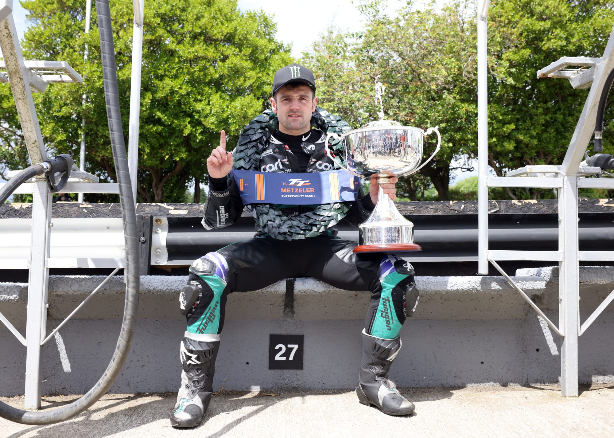 Michael Dunlop after winning the first Supertwin race at the 2024 Isle of Man TT