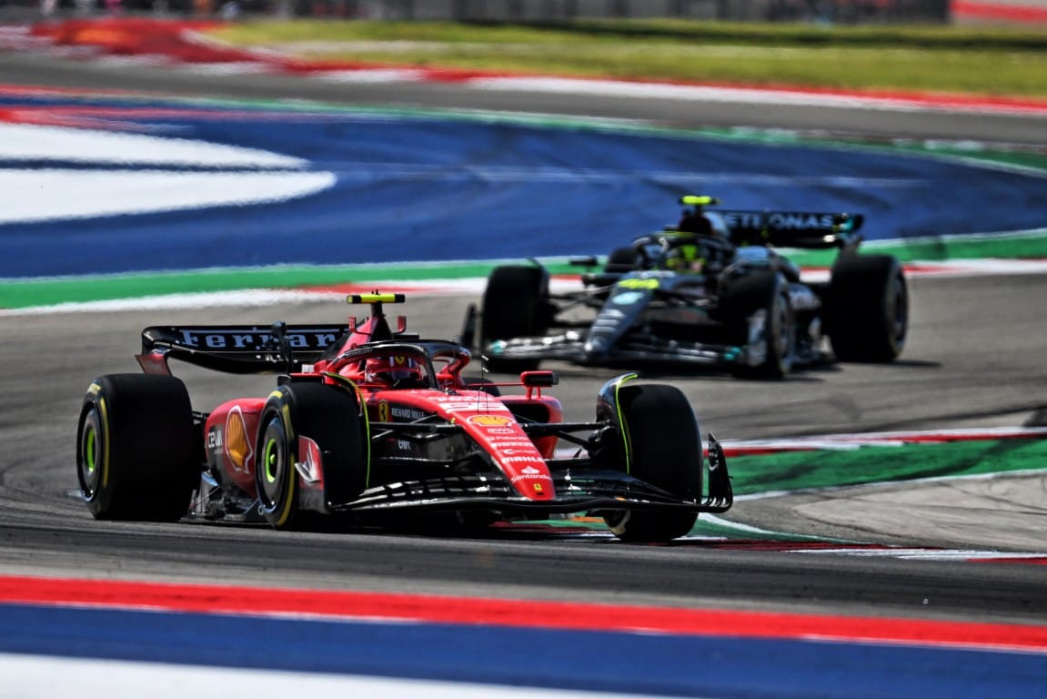 Charles Leclerc, Ferrari, and Lewis Hamilton, Mercedes, F1