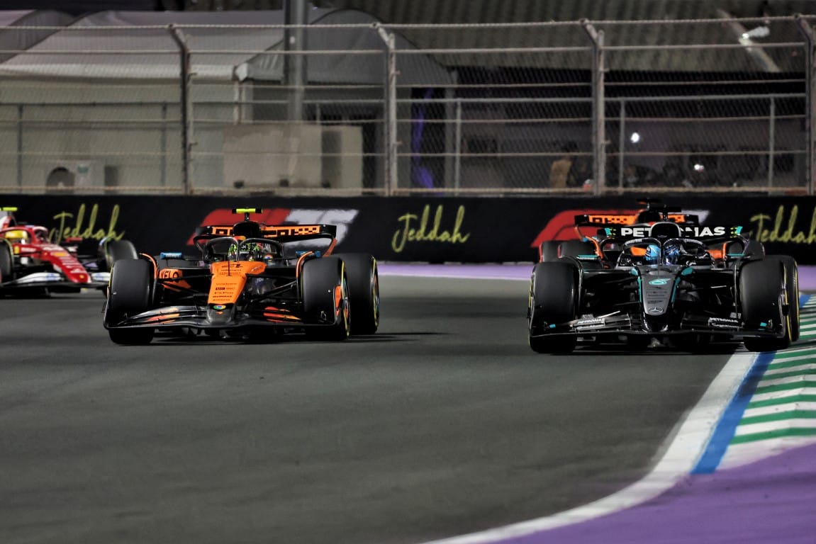Lando Norris, McLaren, and George Russell, Mercedes, F1