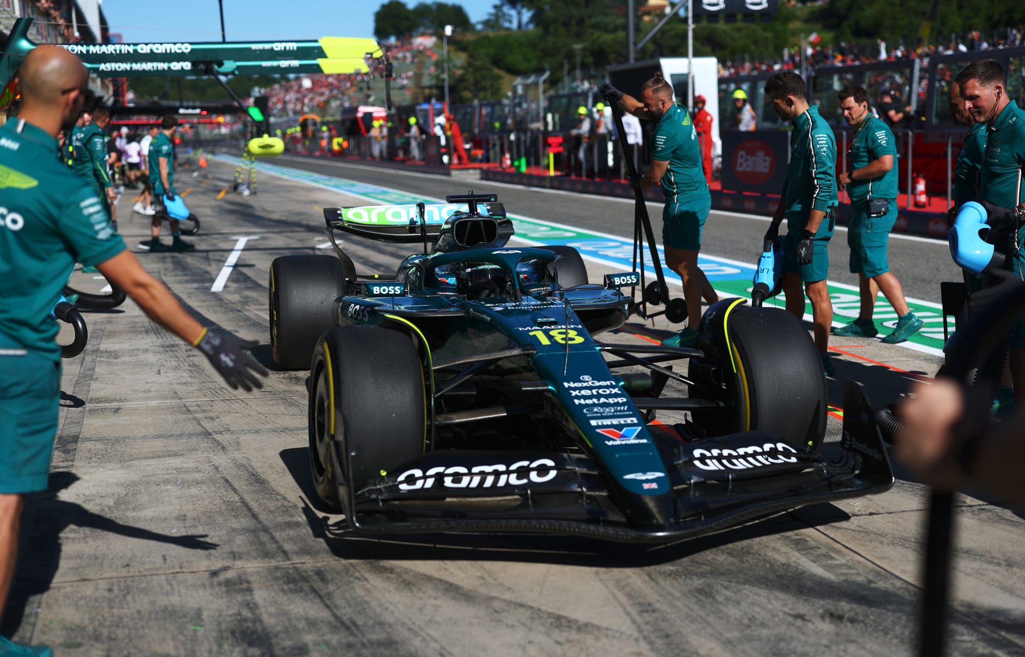 Aston Martin F1 car in pits during Imola F1 weekend 2025