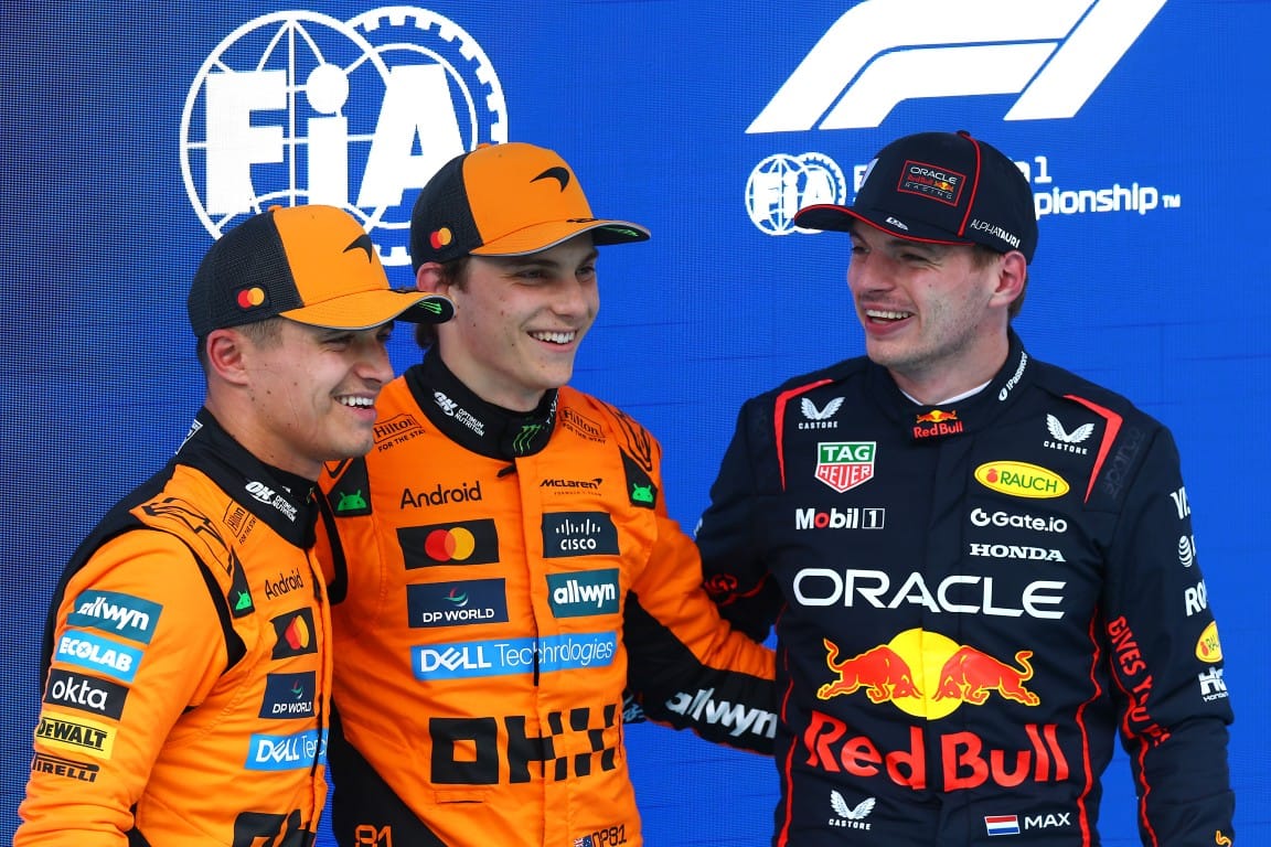 Lando Norris and Oscar PIastri, McLaren, and Max Verstappen, Red Bull, F1