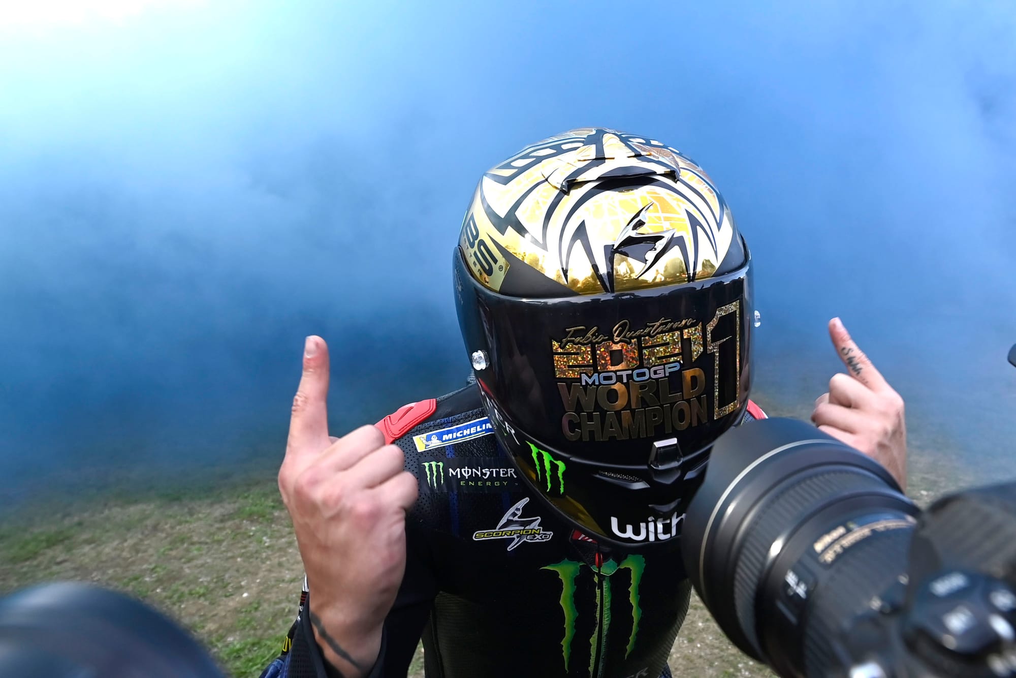 Fabio Quartararo celebrates winning the 2021 MotoGP title