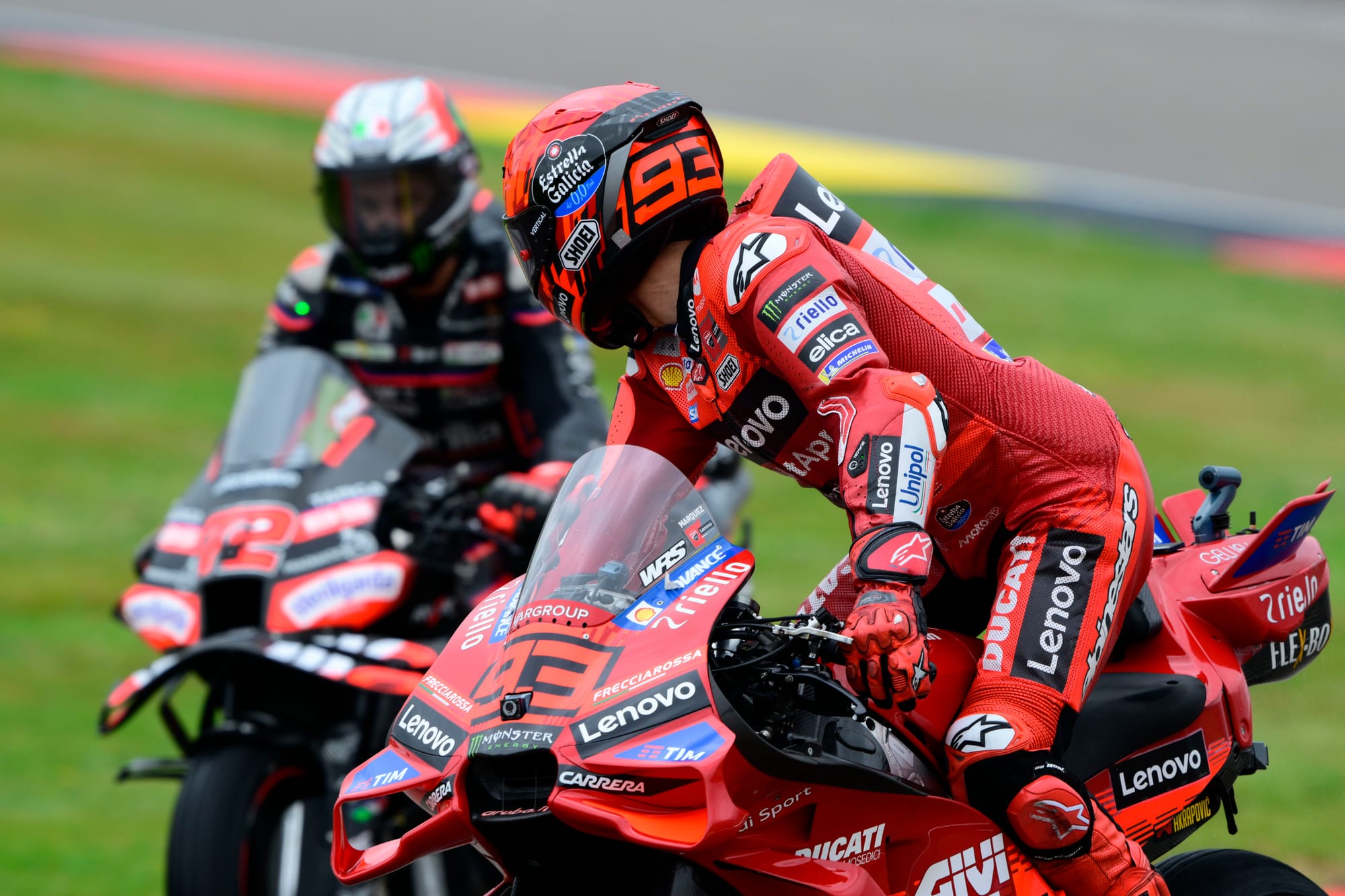 Marc Marquez, Ducati, and Marco Bezzecchi, Aprilia, Sachsenring MotoGP 2025