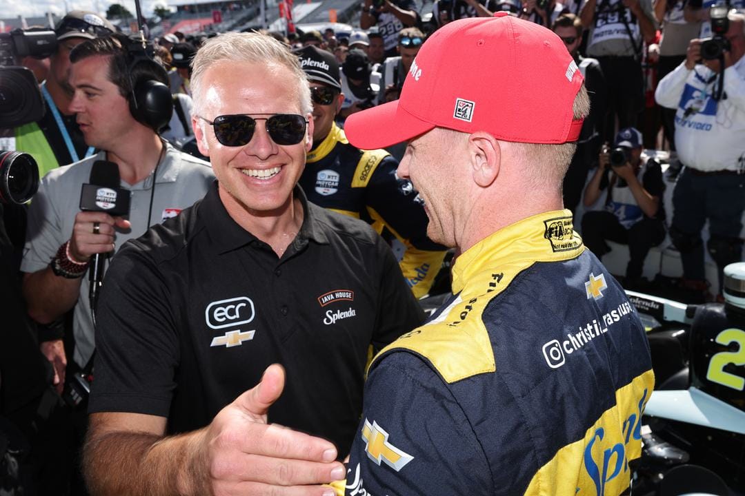 Ed Carpenter congratulates Christian Rasmussen on Milwaukee IndyCar win