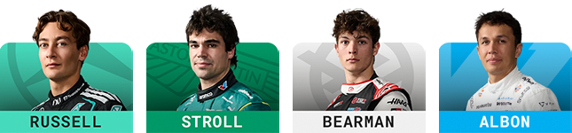 George Russell, Lance Stroll, Ollie Bearman, Alex Albon