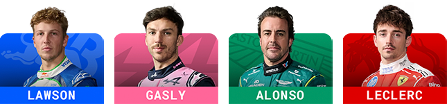Liam Lawson, Pierre Gasly, Fernando Alonso, Charles Leclerc
