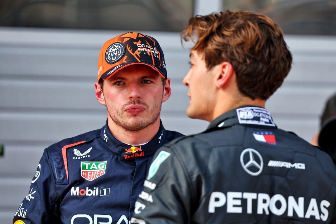 Max Verstappen, Red Bull, and George Russell, Mercedes, F1