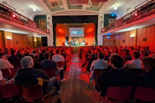 Edd Straw, Scott Mitchell-Malm, Mark Hughes and Ben Anderson at The Race F1 Podcast live show in London