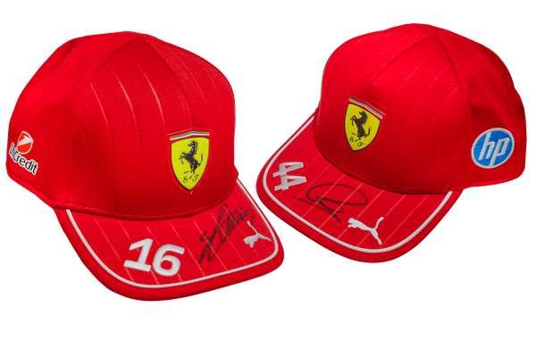 Giveaway: Win signed Hamilton and Leclerc Ferrari caps!
