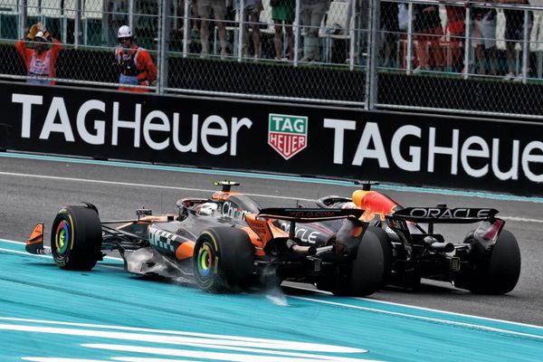 Lando Norris, McLaren, and Max Verstappen, Red Bull, F1