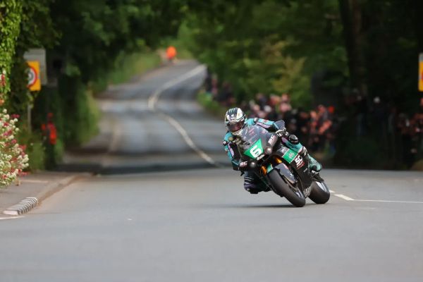 Michael Dunlop races during the first Supertwin race in 2025