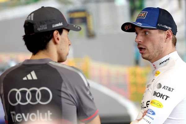 Gabriel Bortoleto, Audi, and Max Verstappen, Red Bull, F1