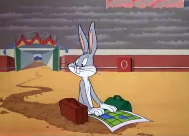 Bugs Bunny popping up from a hole in the ground, looking at a map.