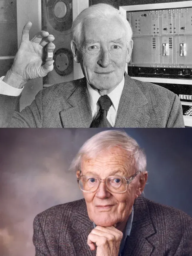 Separate photos of two older men wearing suits. One is holding a microchip between their fingers.