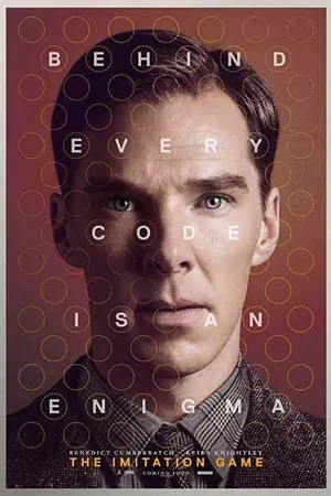 Tight photo of the actor Benedict Cumberbatch, with overlaid text reading "Behind every code is an enigma".