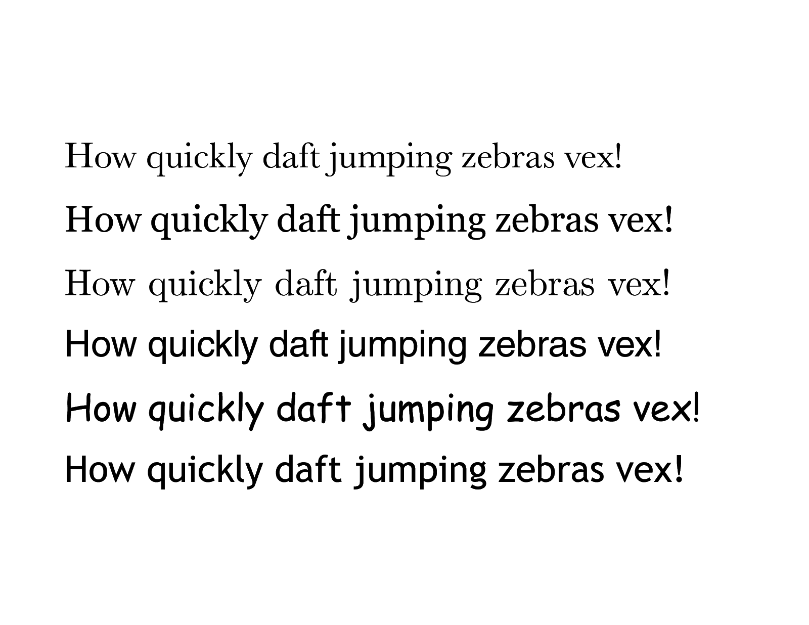Six sentences, each saying "How quickly daft jumping zebras vex!" in different typefaces.