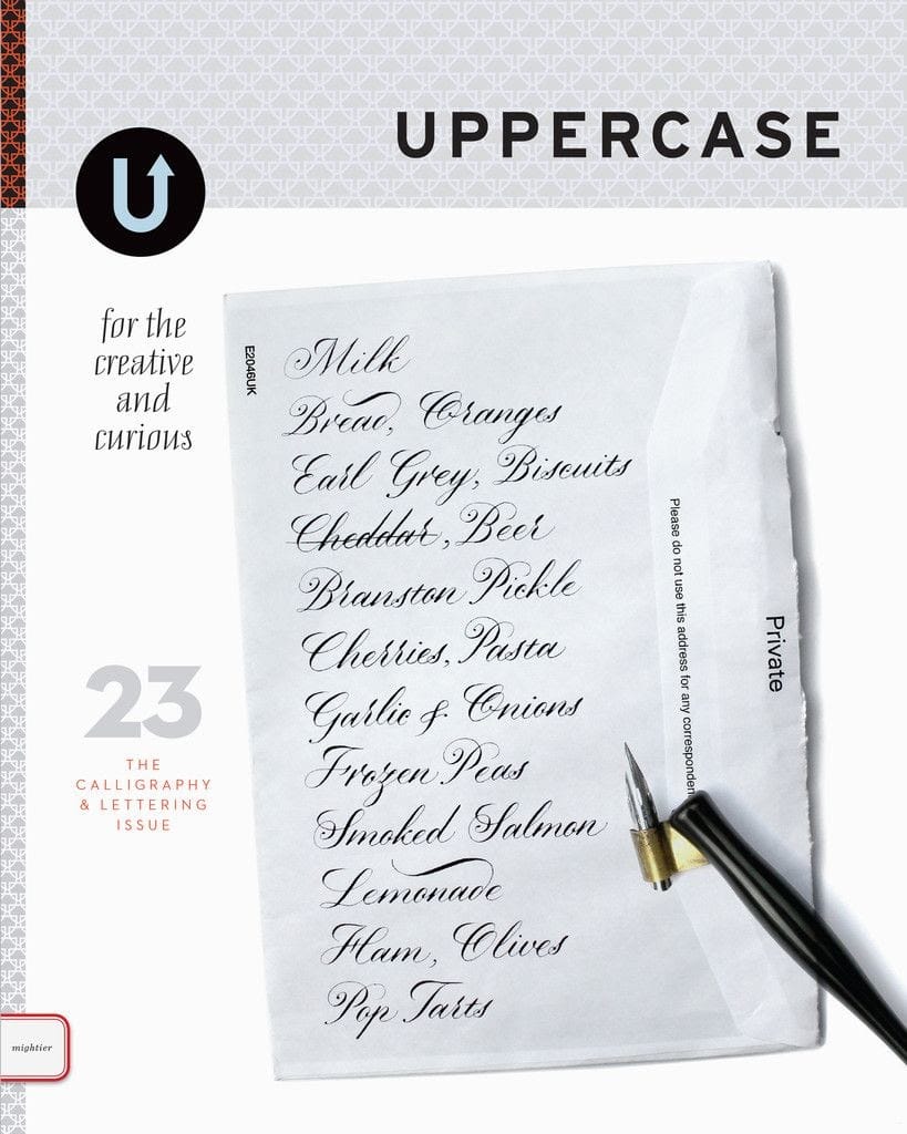 A grocery list written in copperplate calligraphy on the back of an envelope.