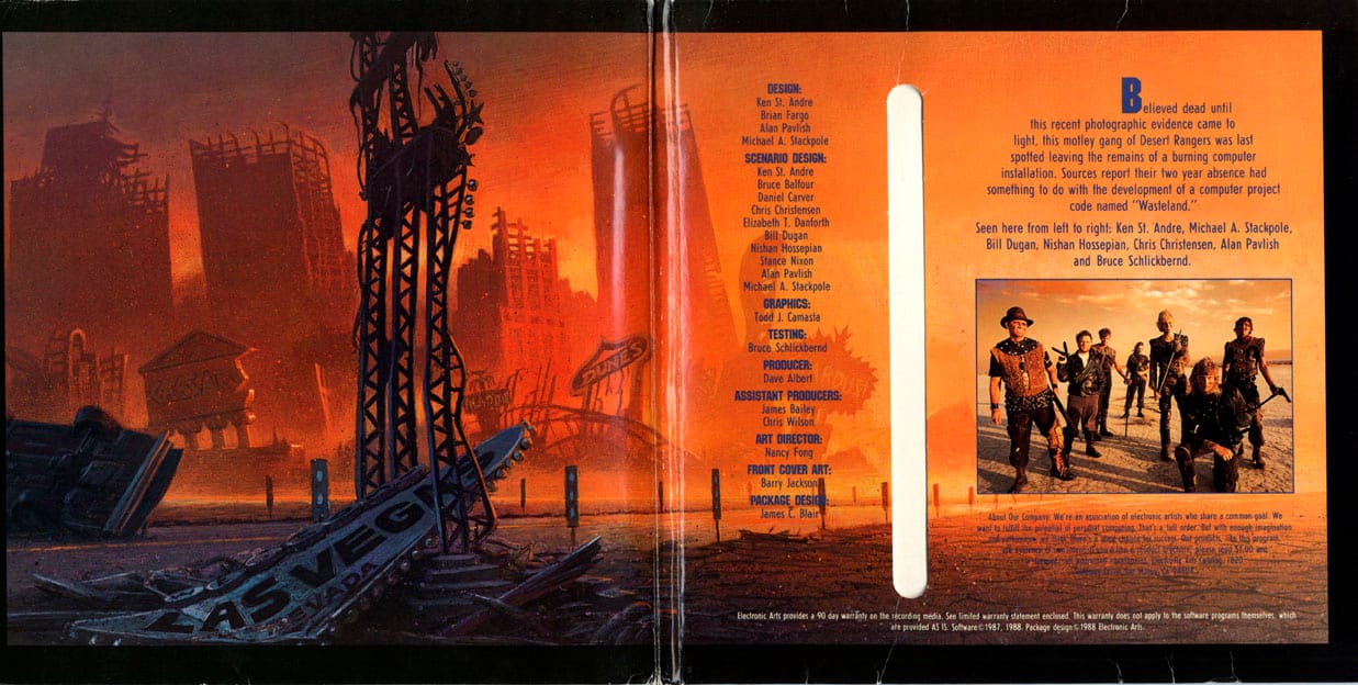 A video game package, opened, showing a post-apocalyptic scene and an inset photo of the development team, also wearing post-apocalyptic clothing, carrying weapons.