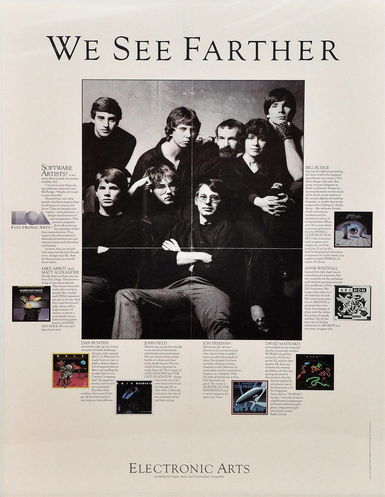 An old magazine ad with the heading "We See Farther" and group photo of people wearing dark clothes artfully posed.