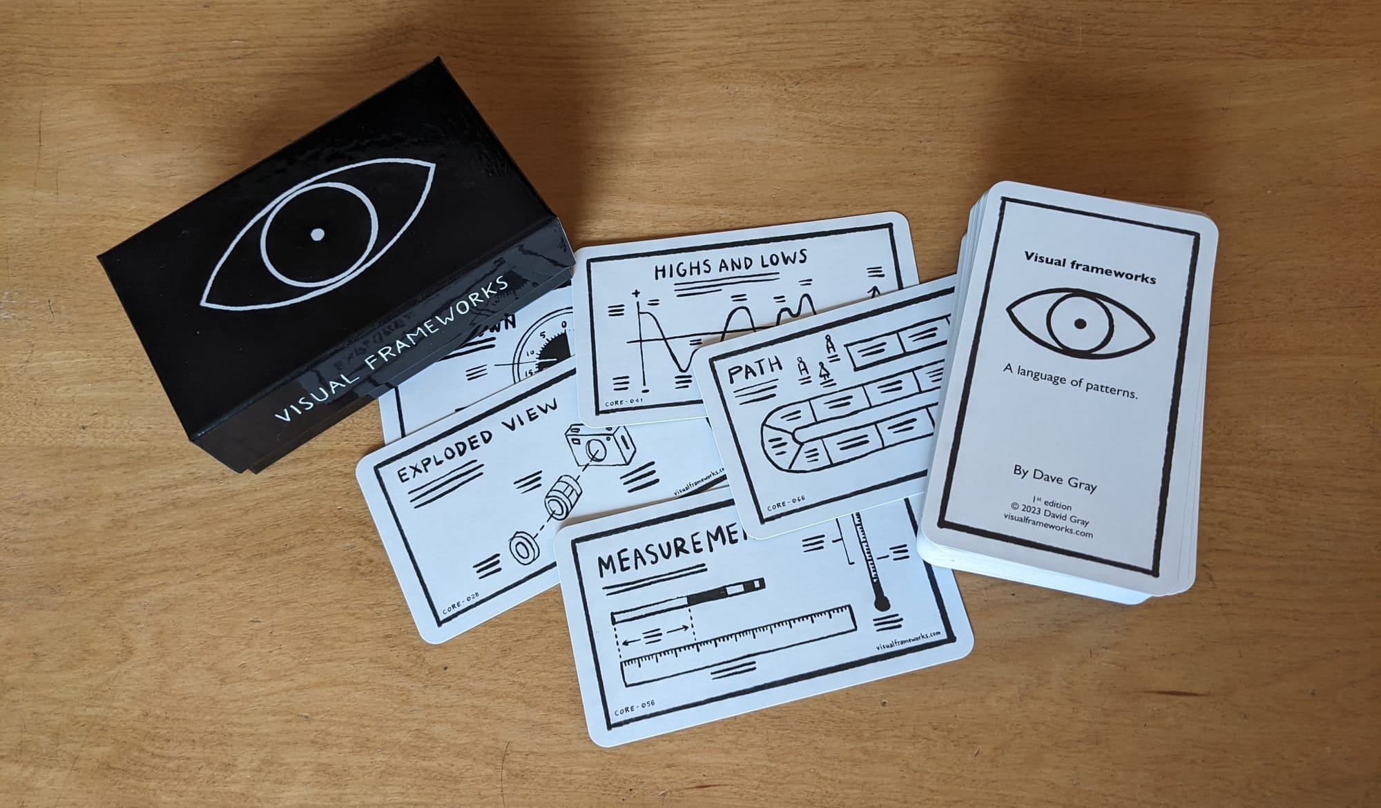 Several black and white cards showing diagrams spread on a wooden table. A black box is next to them.